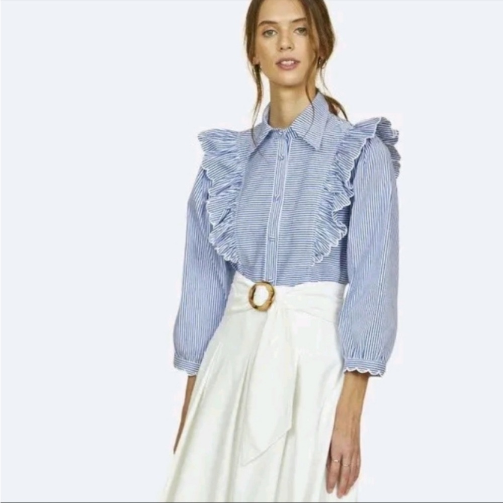 Hunter Bell Taylor Blue White Stripe Striped Ruffle Detail Button Front Shirt M